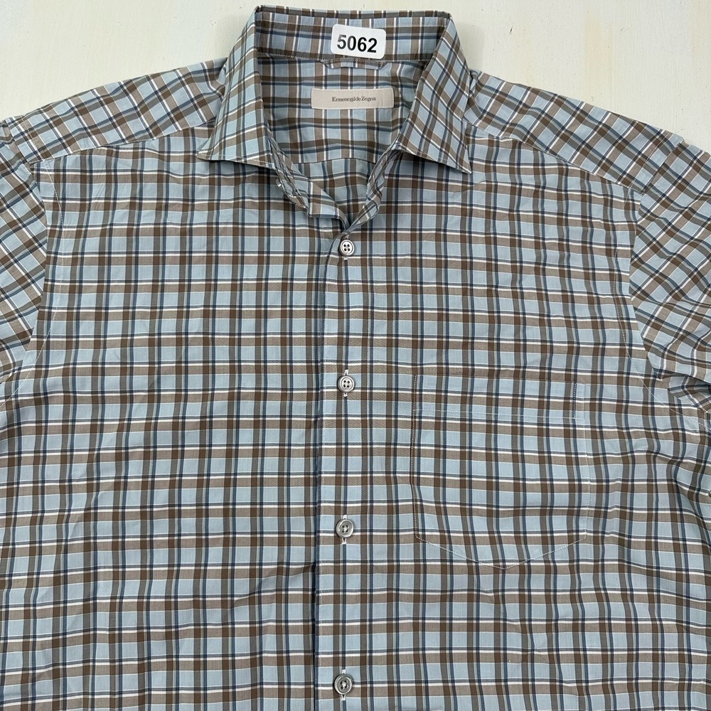 Ermenegildo Zegna Spread‎ Collar Shirt Men Medium Blue Brown Plaid Cotton Dress